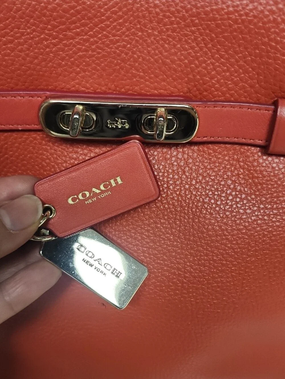 Coach Coral Red Pebbled Leather Tote with Gold Hardware